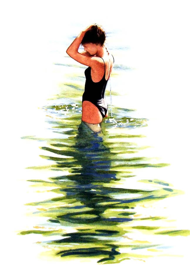 artist thelastcelt watercolour painting modelling photo. cool waters watercolour sketch of lady bathing in the blue med.