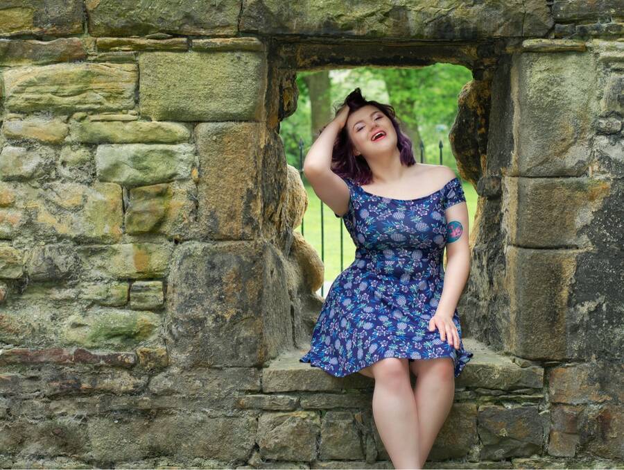 photographer Adrian C Corbett pinup modelling photo taken at Kirkstall Abbey with Holzilla