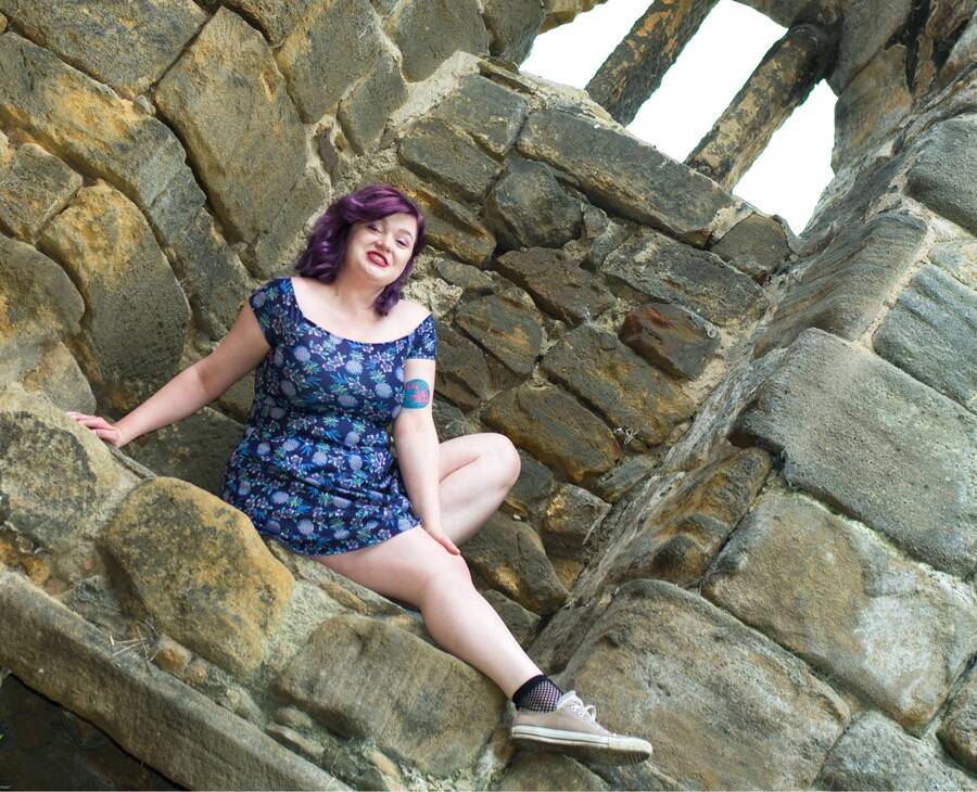photographer Adrian C Corbett pinup modelling photo taken at Kirkstall Abbey with Holzilla