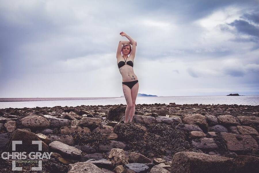 model Scottish model swimwear modelling photo taken at Burnt island taken by Chris gray